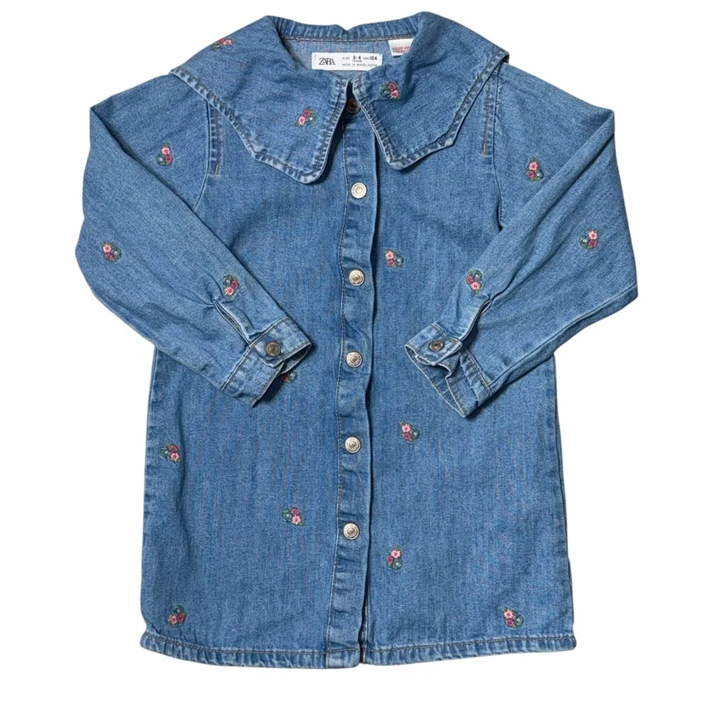 Zara Denim Floral Embroidered Long Sleeve Toddler Dress Girls 3-4 - Picture 2 of 9